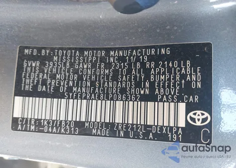 2020 Toyota Corolla Le from USA, damaged, VIN 5YFEPRAE8LP086362